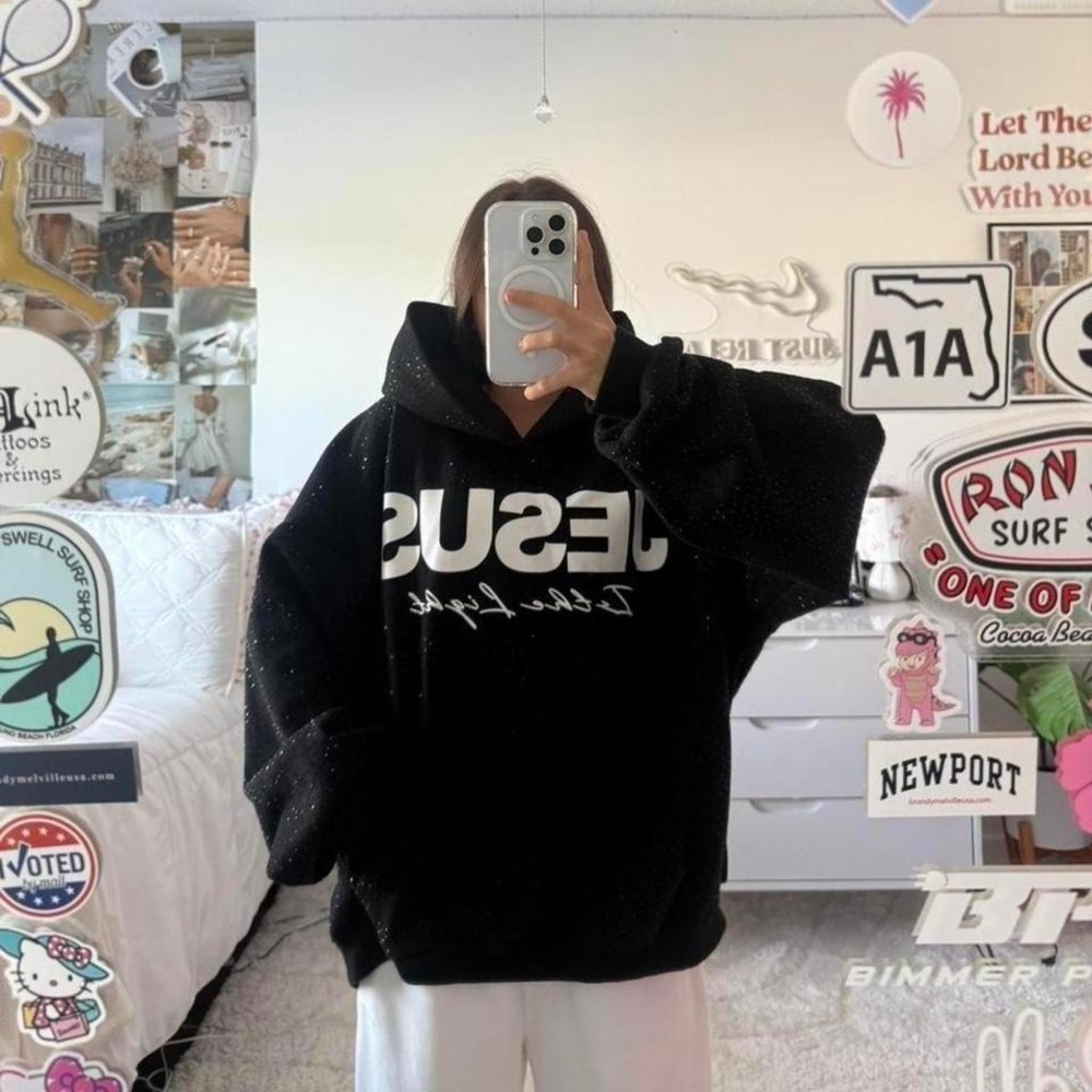 Black Bedazzled "Jesus Is The Light Of The World" Hoodie - Picture 4 of 8